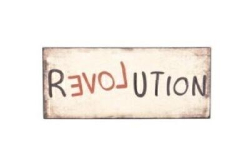 Shabby Chic wooden saying sign / plaque by Heaven Sends with Caption 'Revolution' with the 'love' part writing in red and backwards to highlight. Size 30x13x1cm.